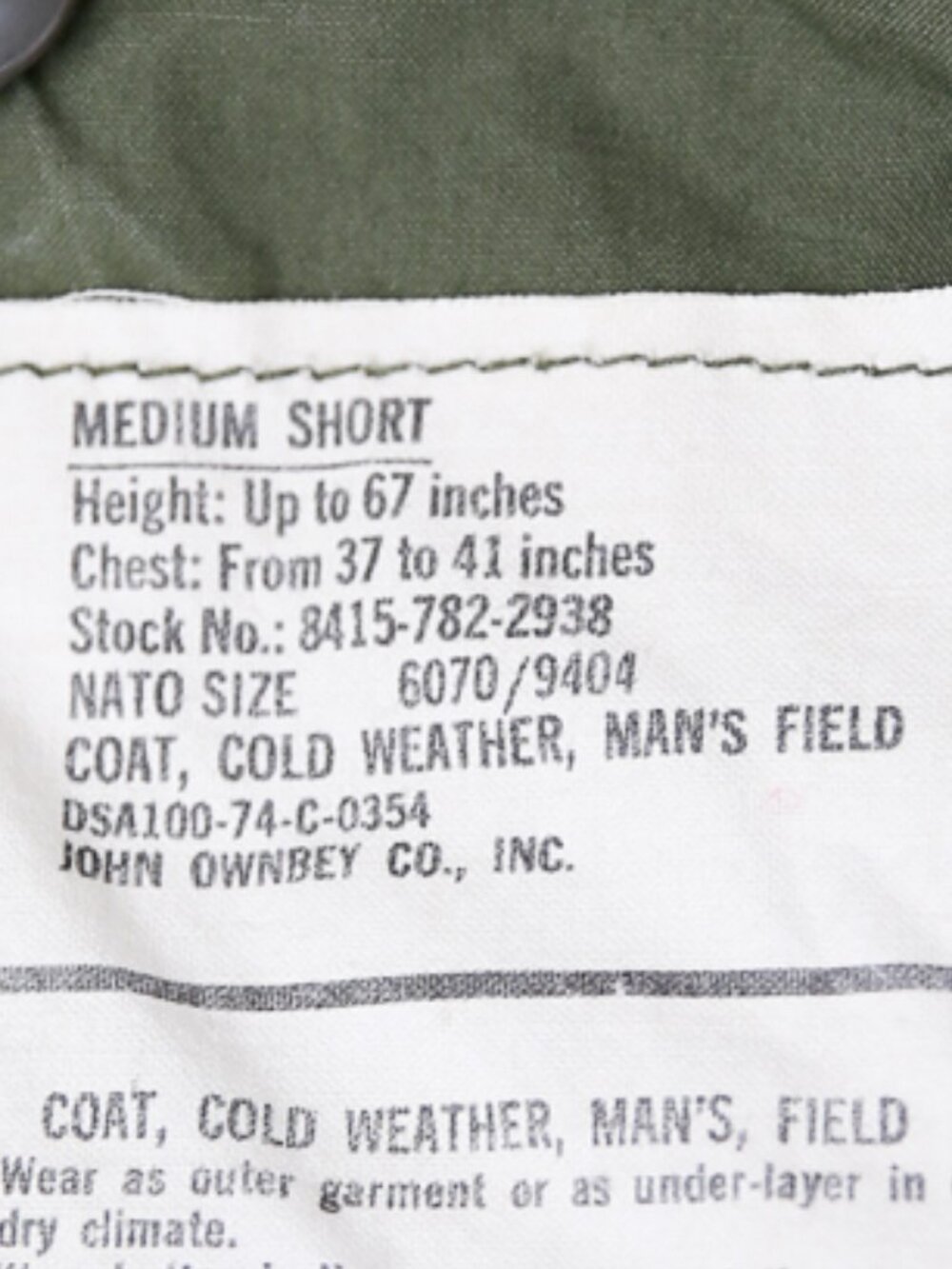 Vintage 1974 US Army M-65 Field Jacket by John Ownbey Co. Medium Short Brass Zip - Picture 14 of 14